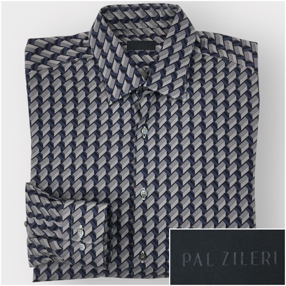 PAL ZILERI Mens‎ Casual Shirt Size 16 41 Button Up Long Sleeve Cotton Geometric